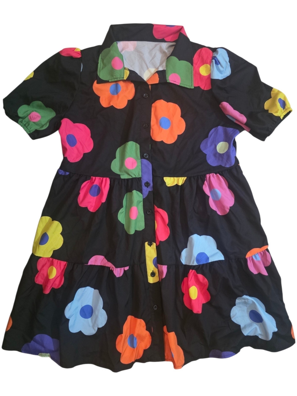 SHEIN Black Button-Front Dress with Multicolor Floral Print